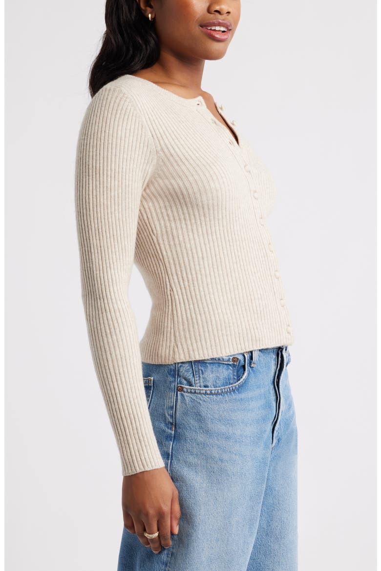 Ribbed Crewneck Cardigan, Alternate, color, BEIGE OATMEAL HEATHER