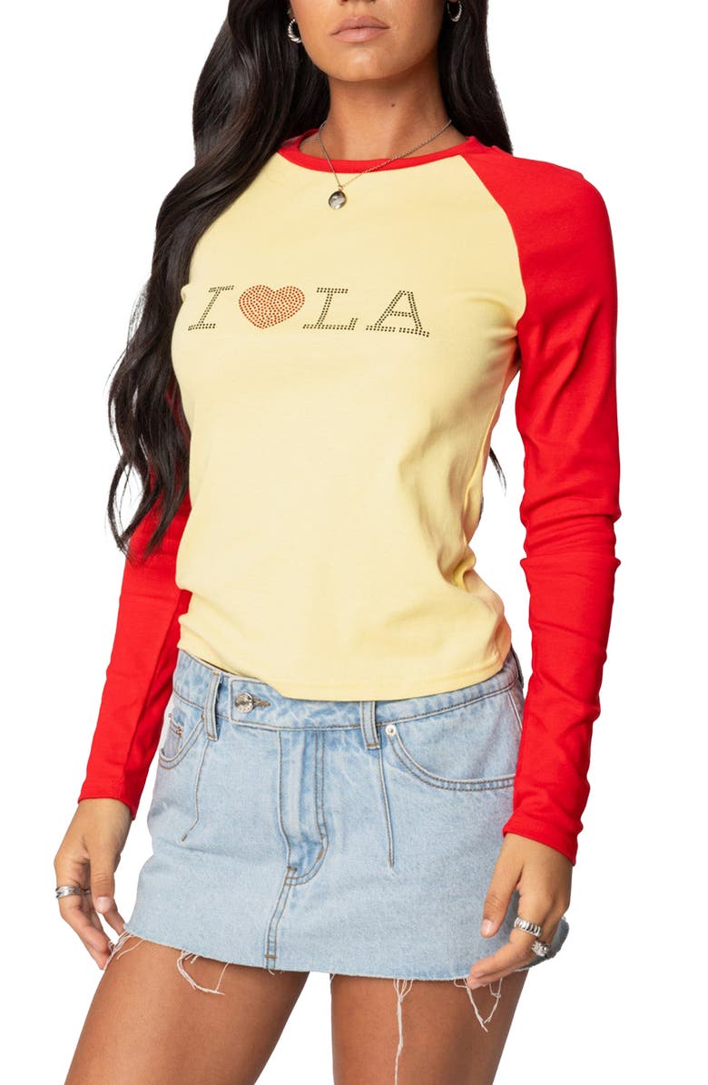 EDIKTED Colorblock Long Sleeve Cotton Graphic Baby Tee, Alternate, color, 