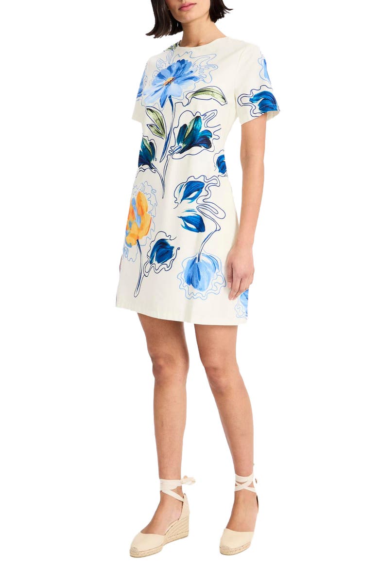 Print Shift Dress, Alternate, color, IVORY/ LIGHT DENIM BLUE