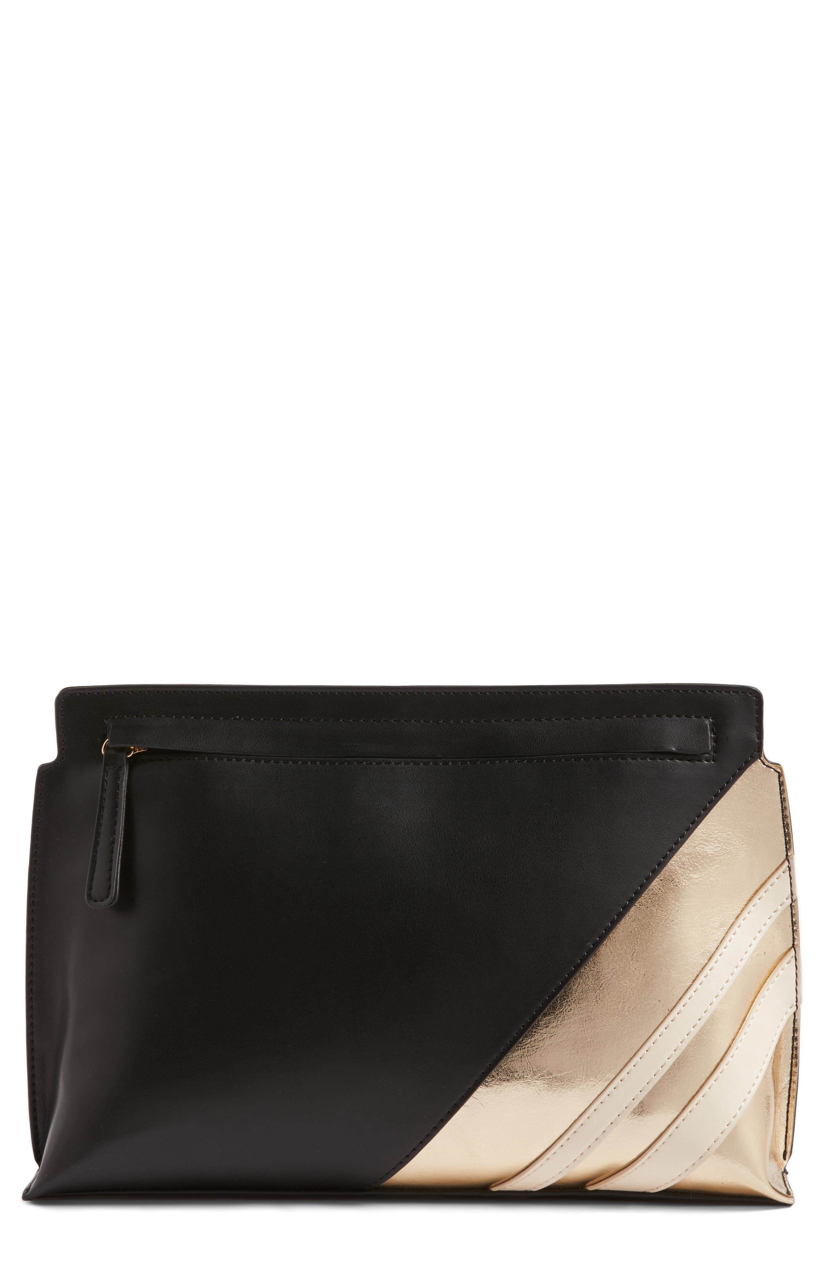 Stripe Faux Leather Clutch, Main, color, BLACK/ GOLD