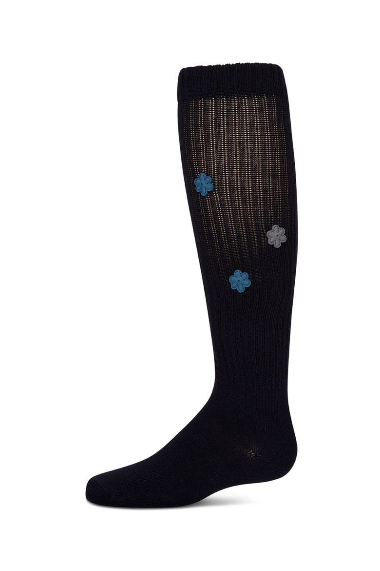 Ribbed Knee High Sock with 3D Rubber Flower Accents, Main, color, Navy