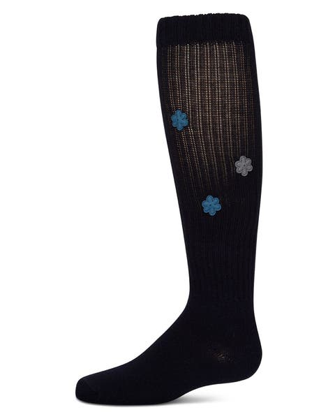 Ribbed Knee High Sock with 3D Rubber Flower Accents