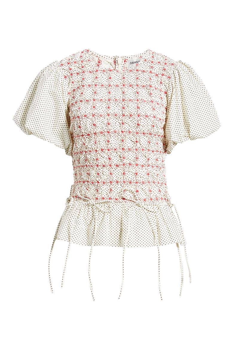 Audrey Polka Dot Smocked Organic Cotton Top, Alternate, color, WHITE