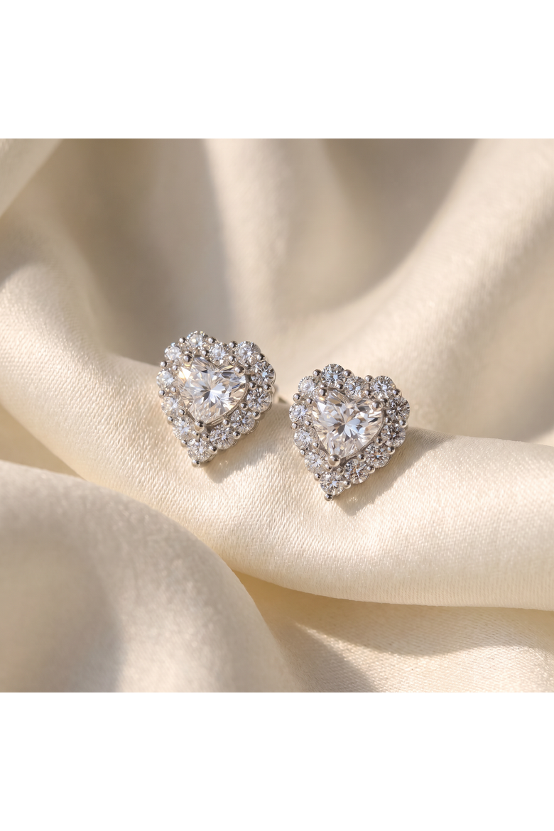 1.30Ct Heart Shape Diamond Halo Studs or Gold Lab Grown, Alternate, color, 10k White Gold