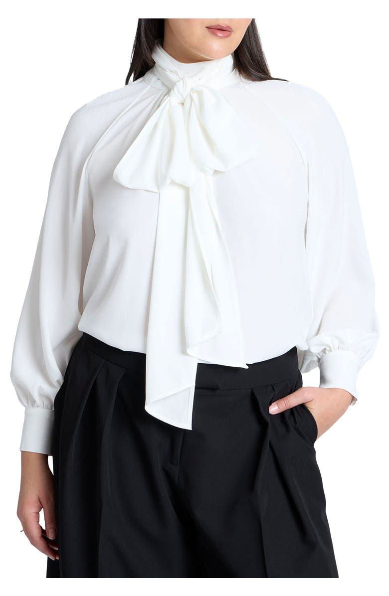 ELOQUII Dramatic Neck-Tie Blouse, Main, color, Sugar Swizzle