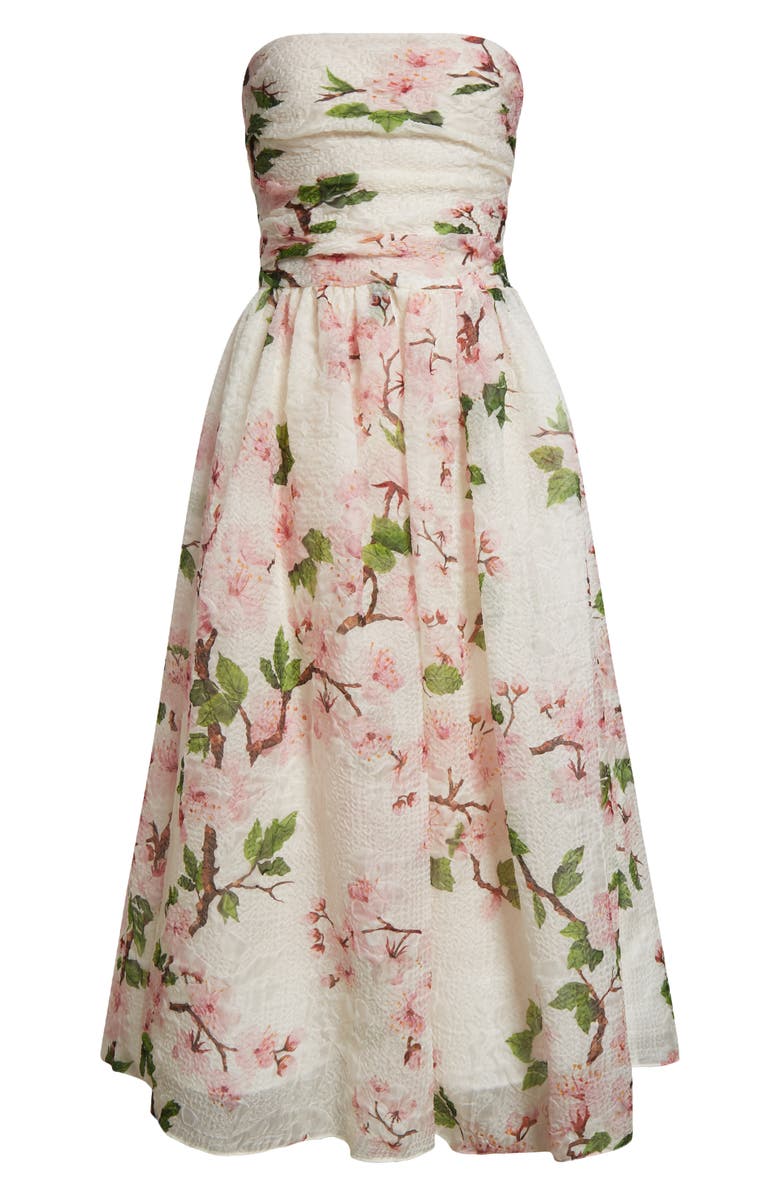 Oscar de la Renta Cherry Blossom Strapless Organdy Midi Dress, Alternate, color, Pink/ Ivory