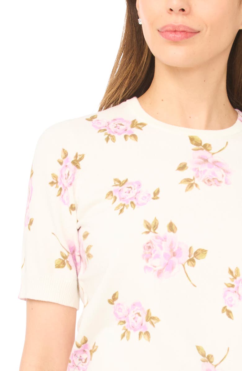 CeCe Floral Print Short Sleeve Sweater, Alternate, color, New Ivory
