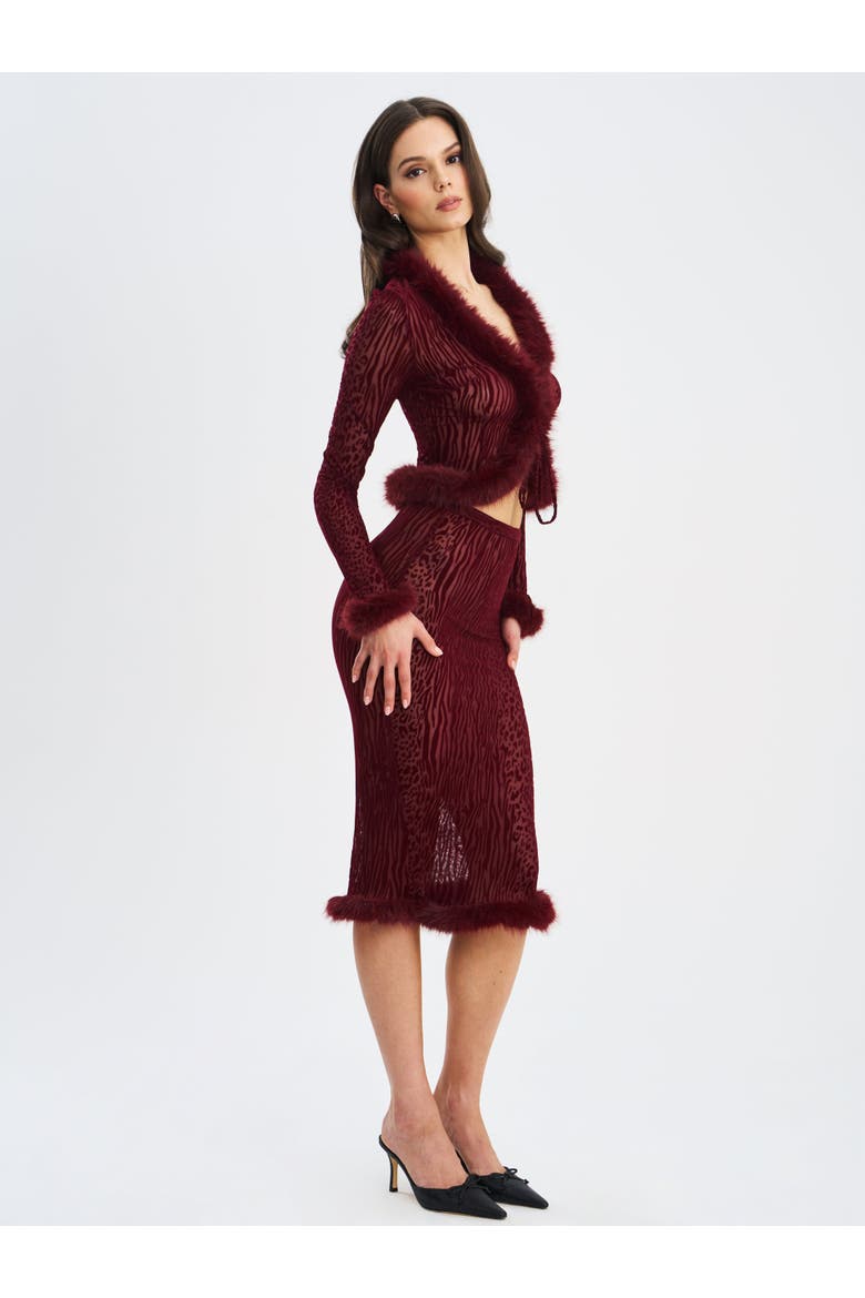 Halii Burnout Velvet Mesh Fur Trim Top, Alternate, color, Burgundy
