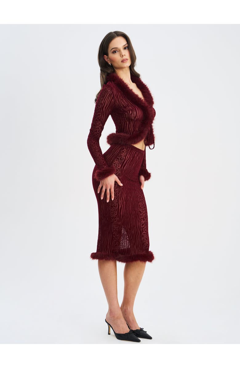 Miss Circle Halii Burnout Velvet Mesh Fur Trim Top, Alternate, color, Burgundy