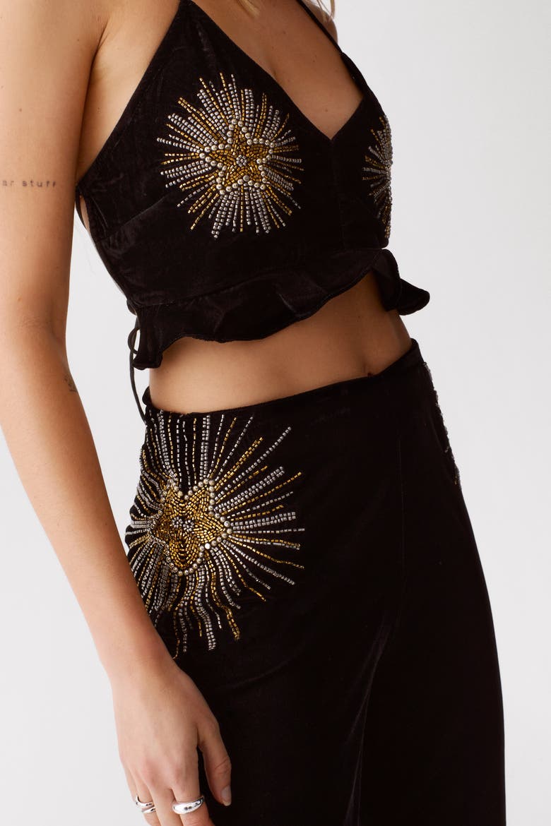 Star Embellished Velvet Flared Pants, Alternate, color, Black