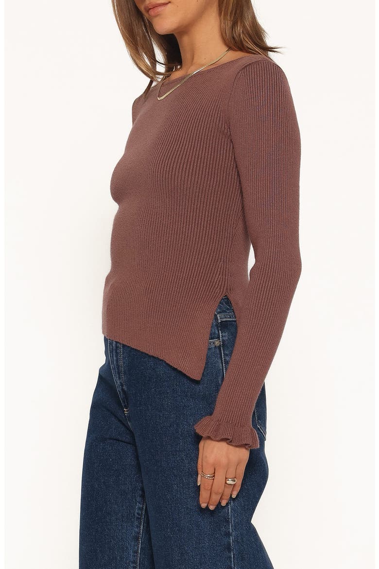 Fiana Ruffle Cuff Rib Sweater, Alternate, color, BROWN