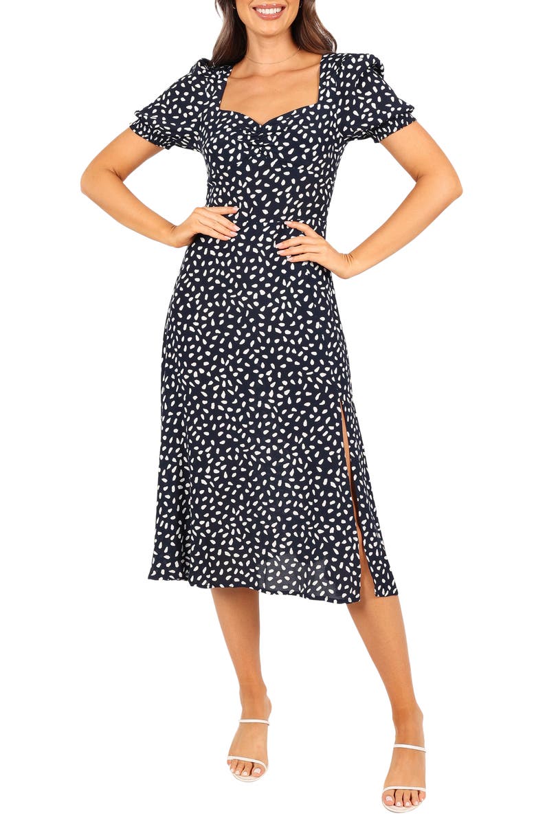 Petal & Pup Franklin Dot Print Puff Sleeve Midi Dress, Main, color, Navy Print