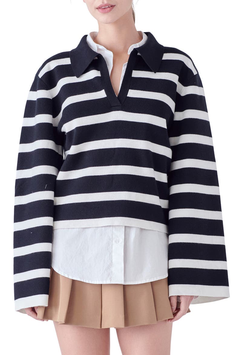 Stripe Crop Polo Sweater, Main, color, BLACK/ WHITE