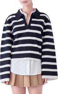 English Factory Stripe Crop Polo Sweater
