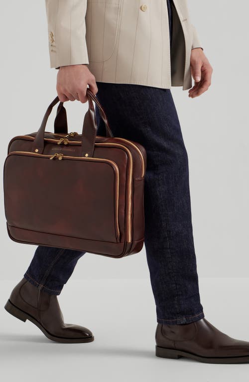 Brunello Cucinelli Calfskin Zipped Briefcase In Brown