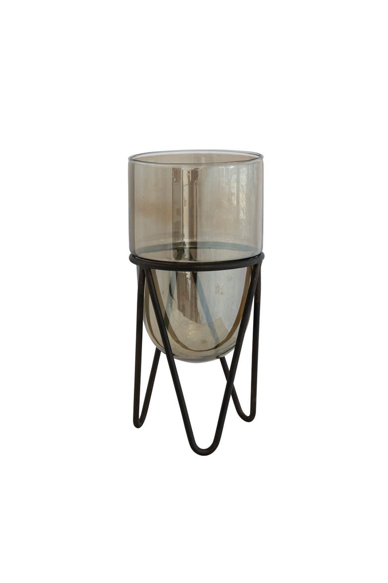 Glass Pillar Candle Holder with Metal Stand, Main, color, Brown