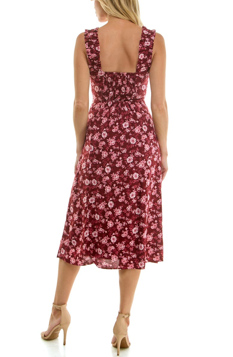 Socialite Ruffle Strap Sleeveless Midi Dress, Alternate, color, Wine Flor Print