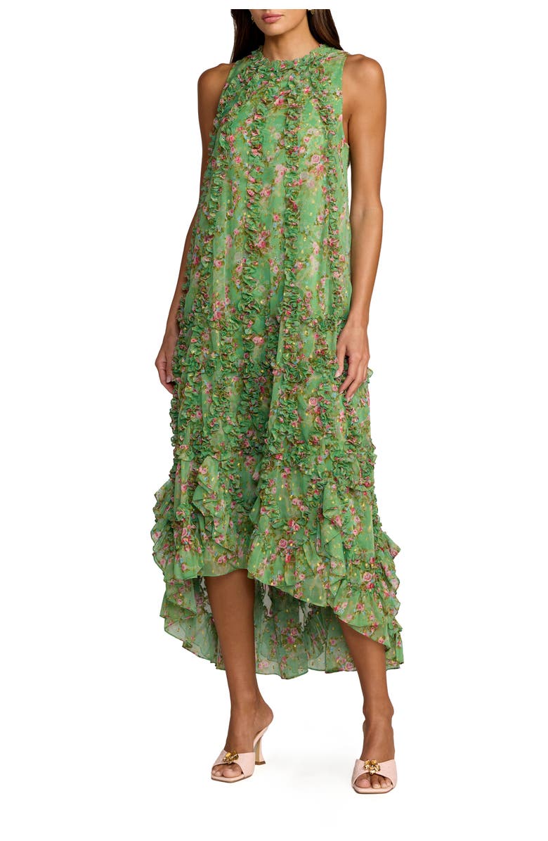 Mac Duggal Sleeveless Floral Print Chiffon Micro Ruffle Gown, Main, color, Sage Multi