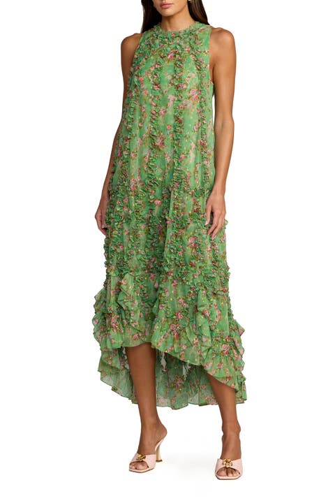 Sleeveless Floral Print Chiffon Micro Ruffle Gown