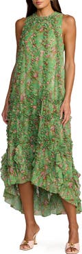 Mac Duggal Sleeveless Floral Print Chiffon Micro Ruffle Gown