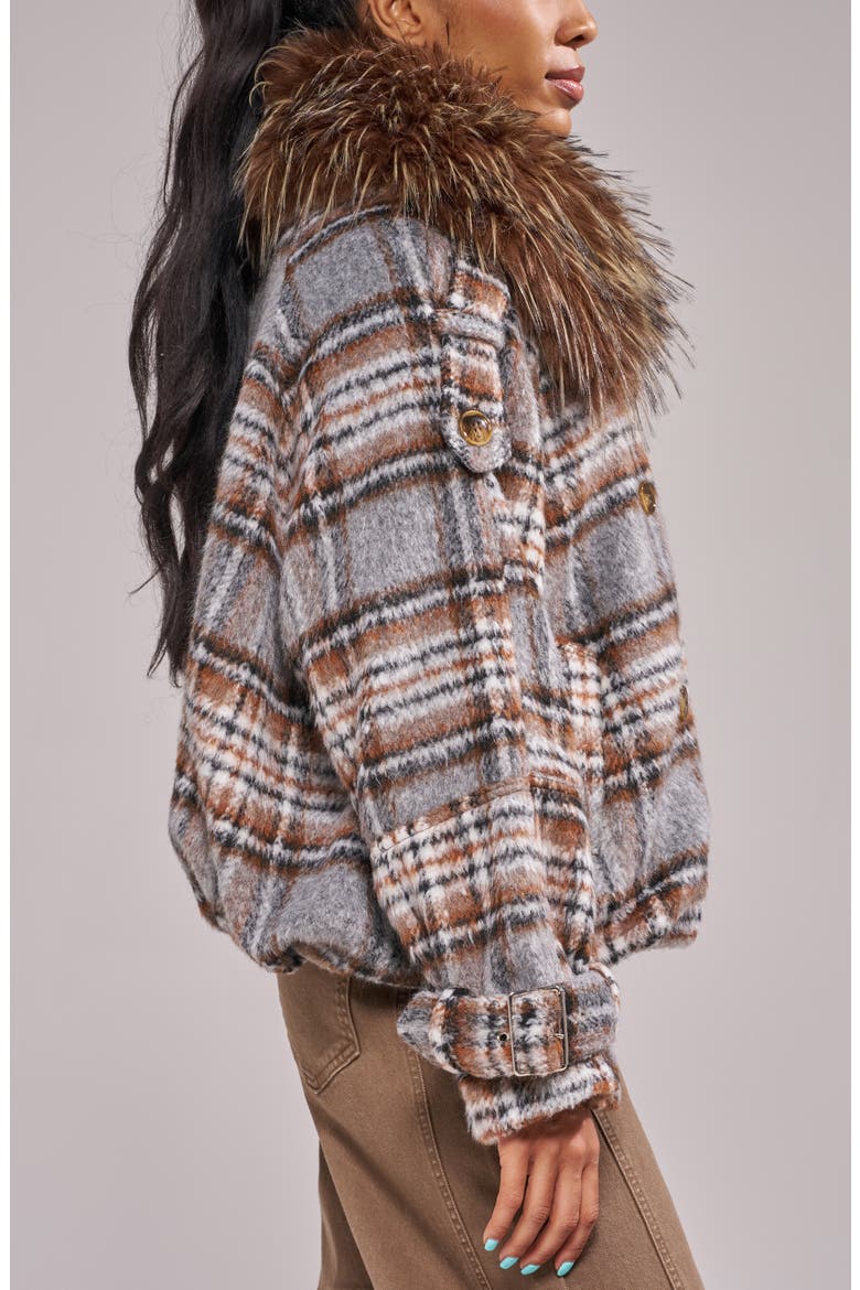 Linnea Plaid Bomber Jacket with Faux Fur Trim, Alternate, color, GREY MULTI