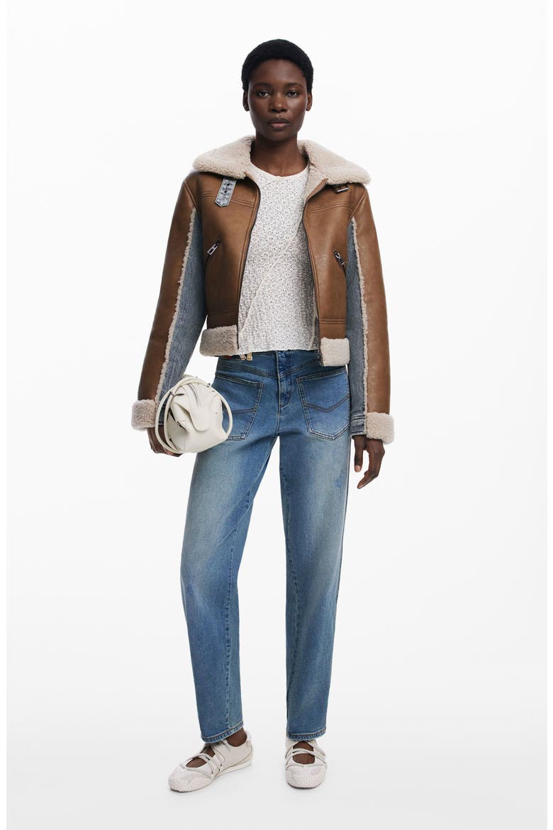 Mixed Media Faux Leather Jacket with Faux Shearling Trim, Alternate, color, BROWN