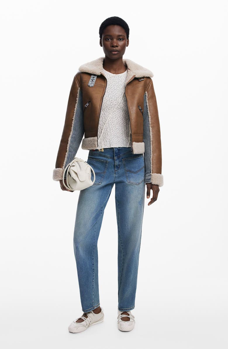 Desigual Mixed Media Faux Leather Jacket with Faux Shearling Trim, Alternate, color, Brown