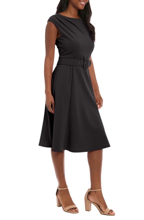 London Times Pleated Boat Neck Fit & Flare Dress In Black