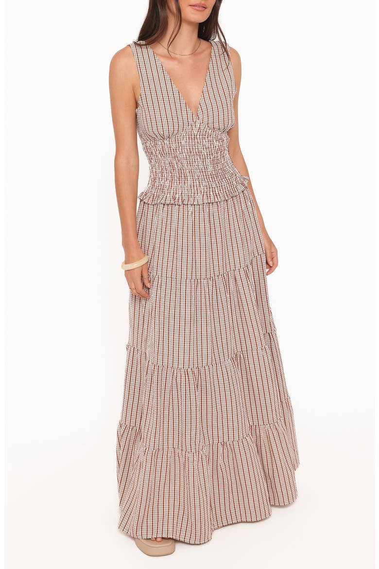 Eirlys Smocked Tank & Tiered Maxi Skirt Set, Main, color, BROWN WHITE