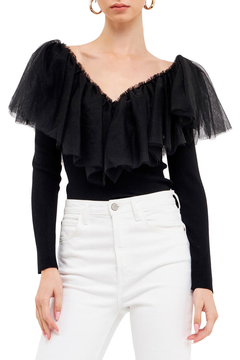 Ruffle Mesh Mixed Media Top, Main, color, BLACK