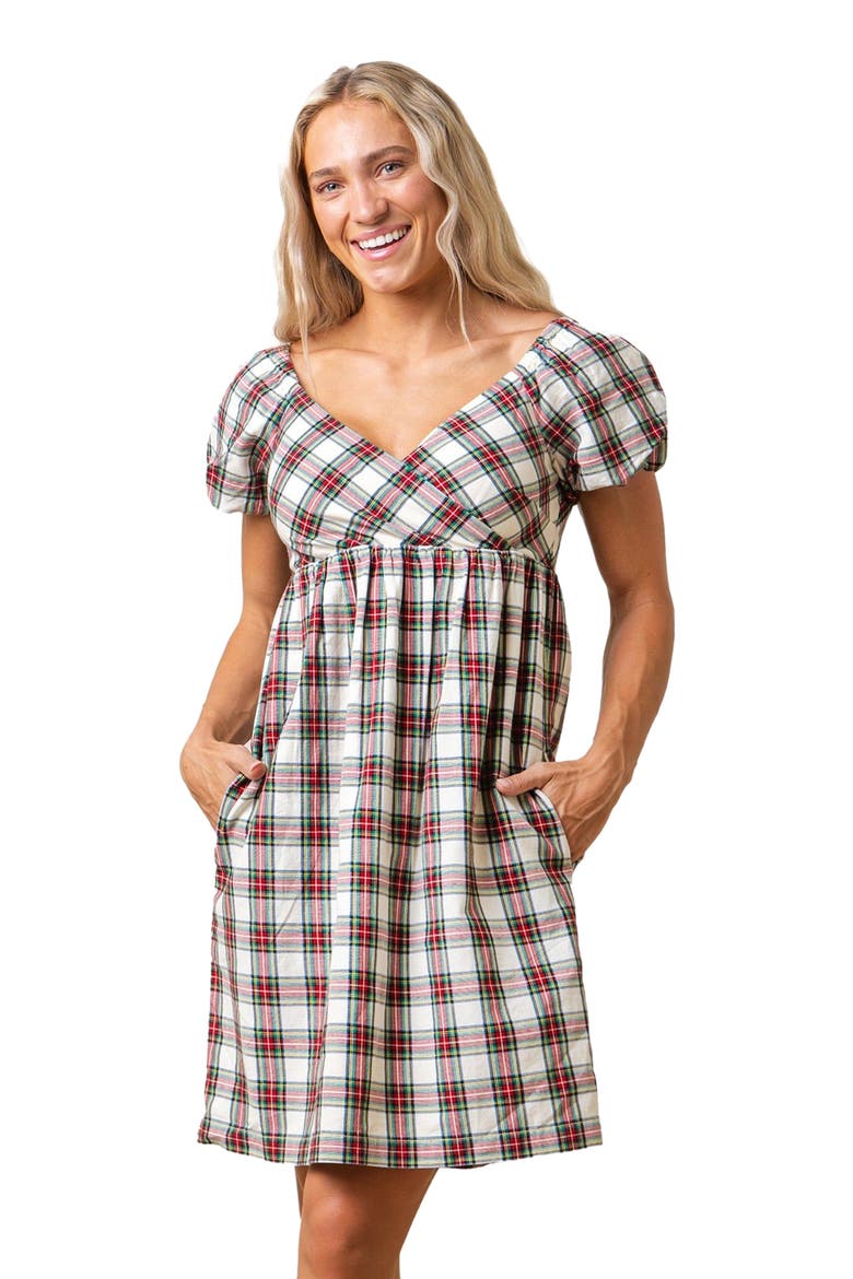 Women's Organic Puff Sleeve Crossover Dress, Main, color, Ivory Holiday Tartan