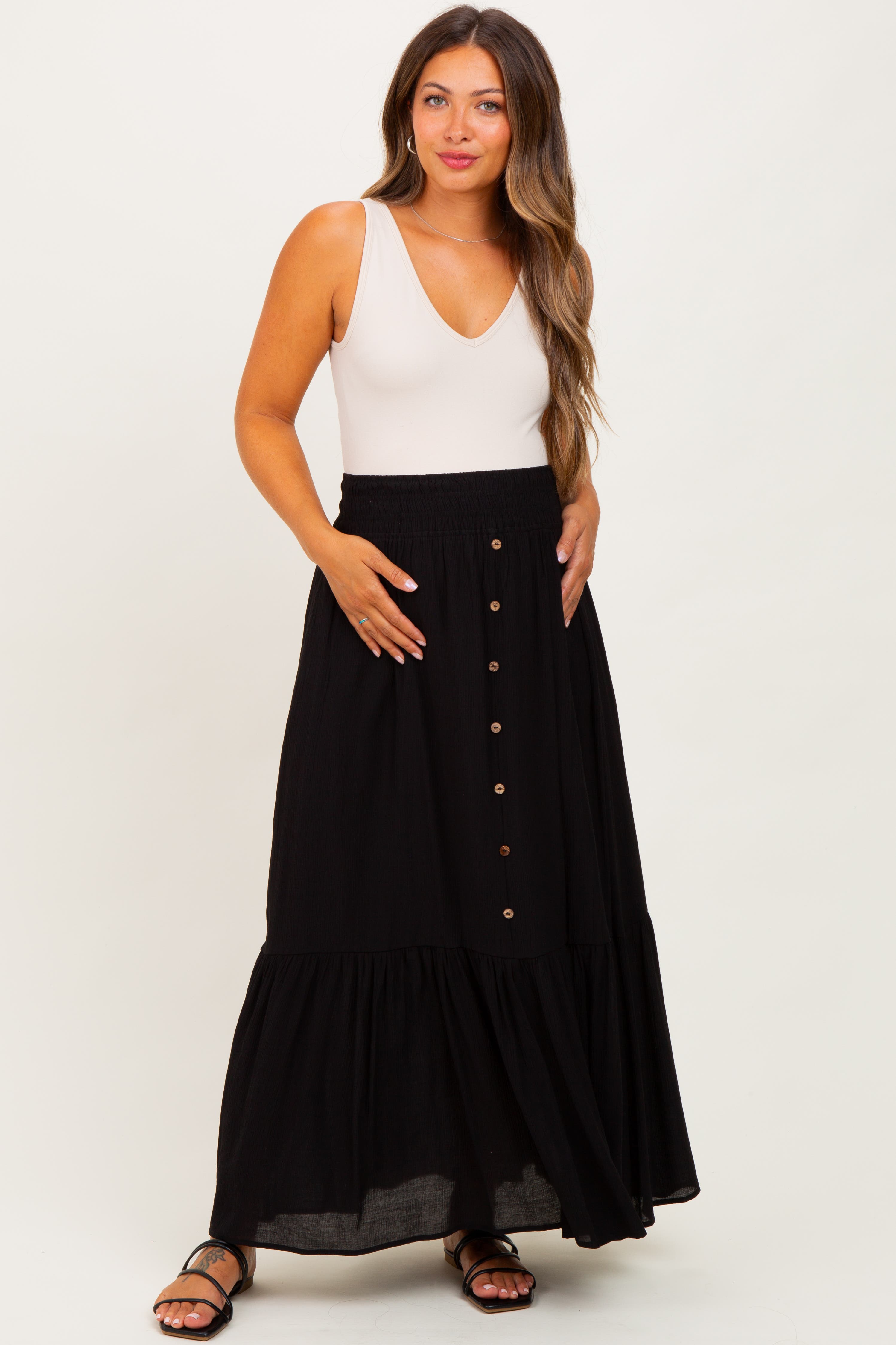 Smocked Waist Button Accent Maxi Skirt - image 2