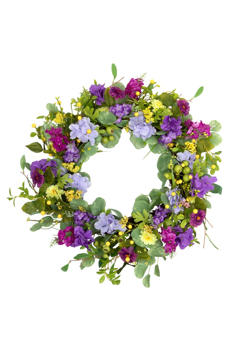 Northlight Eucalyptus and Hydrangea Artificial Spring Floral Wreath - 24" - Purple, Main, color, Purple