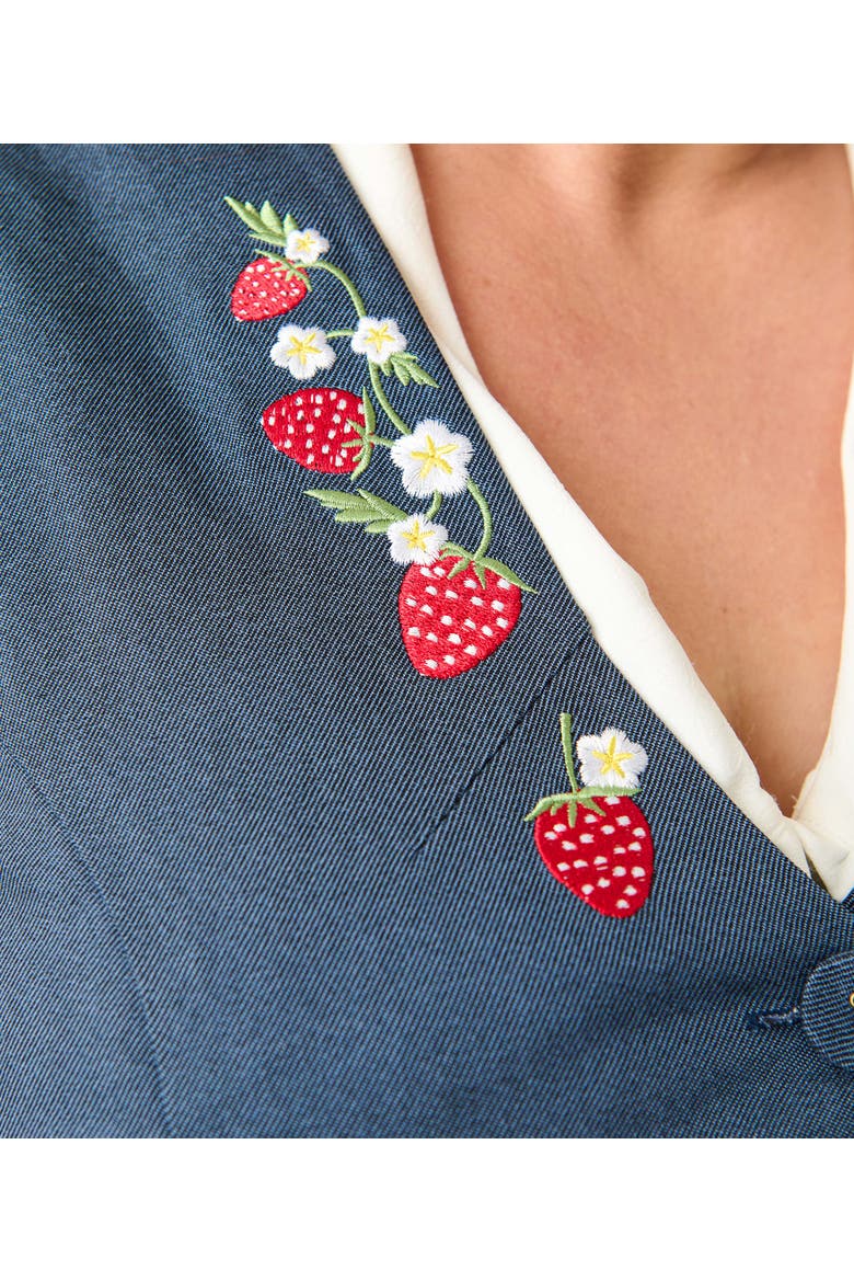 Plus Size 1940s Embroidered Button Up Vest, Alternate, color, Denim W/ Strawberries