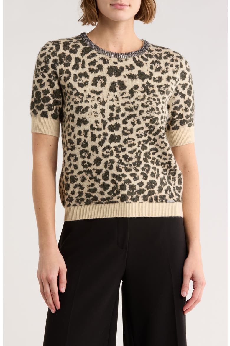 Leopard Spot Jacquard Short Sleeve Sweater, Main, color, LEOPARD BROWN