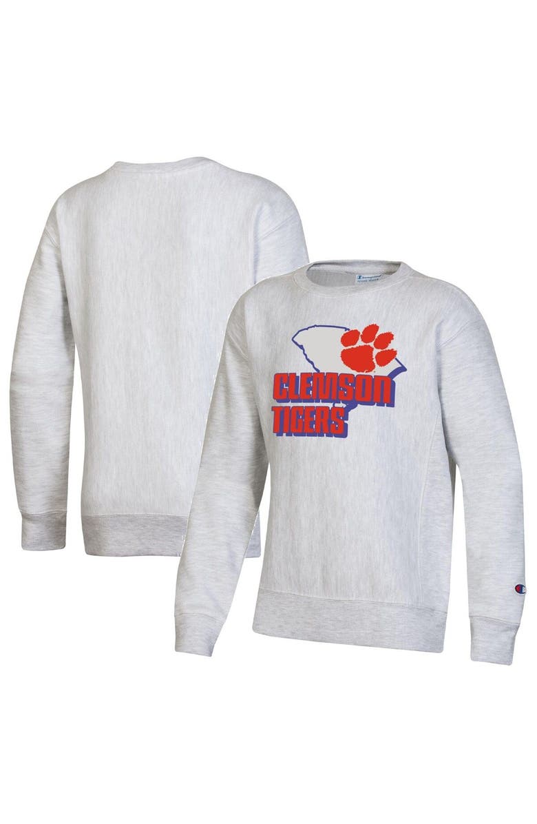 Champion Youth Champion Heather Gray Clemson Tigers Reverse Weave Pullover Sweatshirt, Main, color, Heather Gray