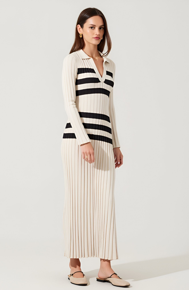 Modenaire Striped Ribbed Knit Midi Dress with Collar and Long Sleeves, Alternate, color, 