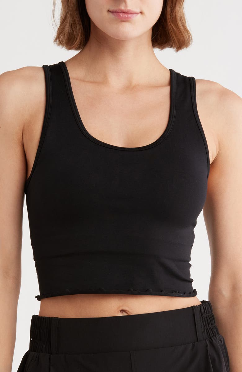 YOGALICIOUS Seamless Hollywood Lettuce Edge Racerback Bralette, Main, color, Black