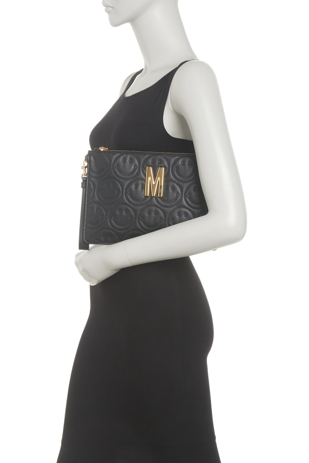 Moschino Logo Smiley Leather Wristlet Clutch, Alternate, color, 