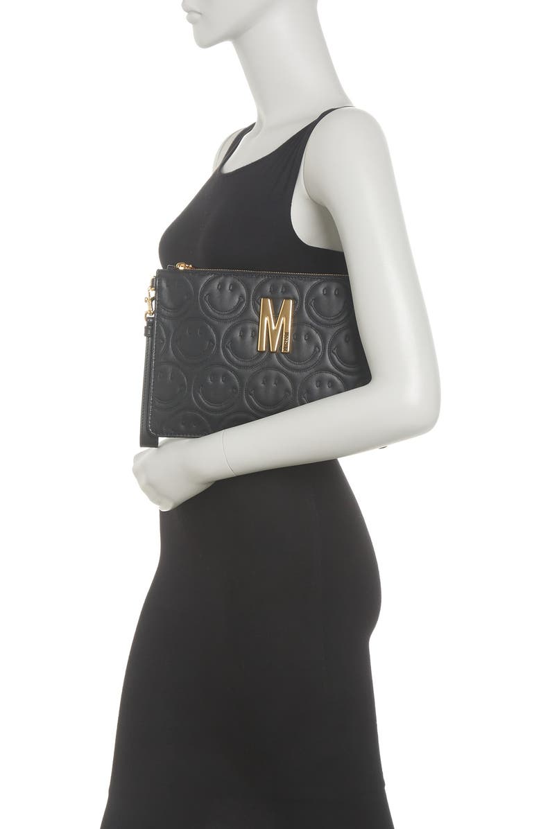 Moschino Logo Smiley Leather Wristlet Clutch, Alternate, color,