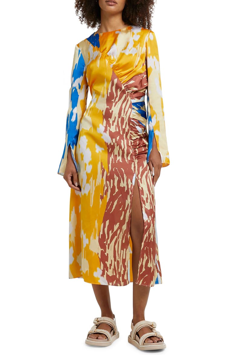 Long Sleeve Satin Midi Dress, Main, color, ORANGE