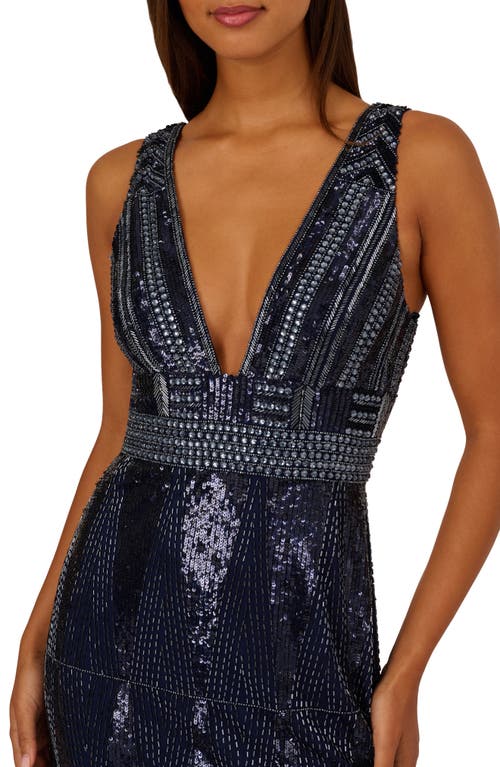 Aidan Mattox Plunge Neck Beaded Gown In Black