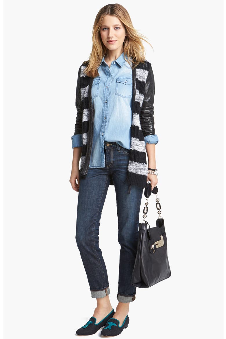 Faux Leather Detail Stripe Cardigan, Alternate, color, GREY COMBO