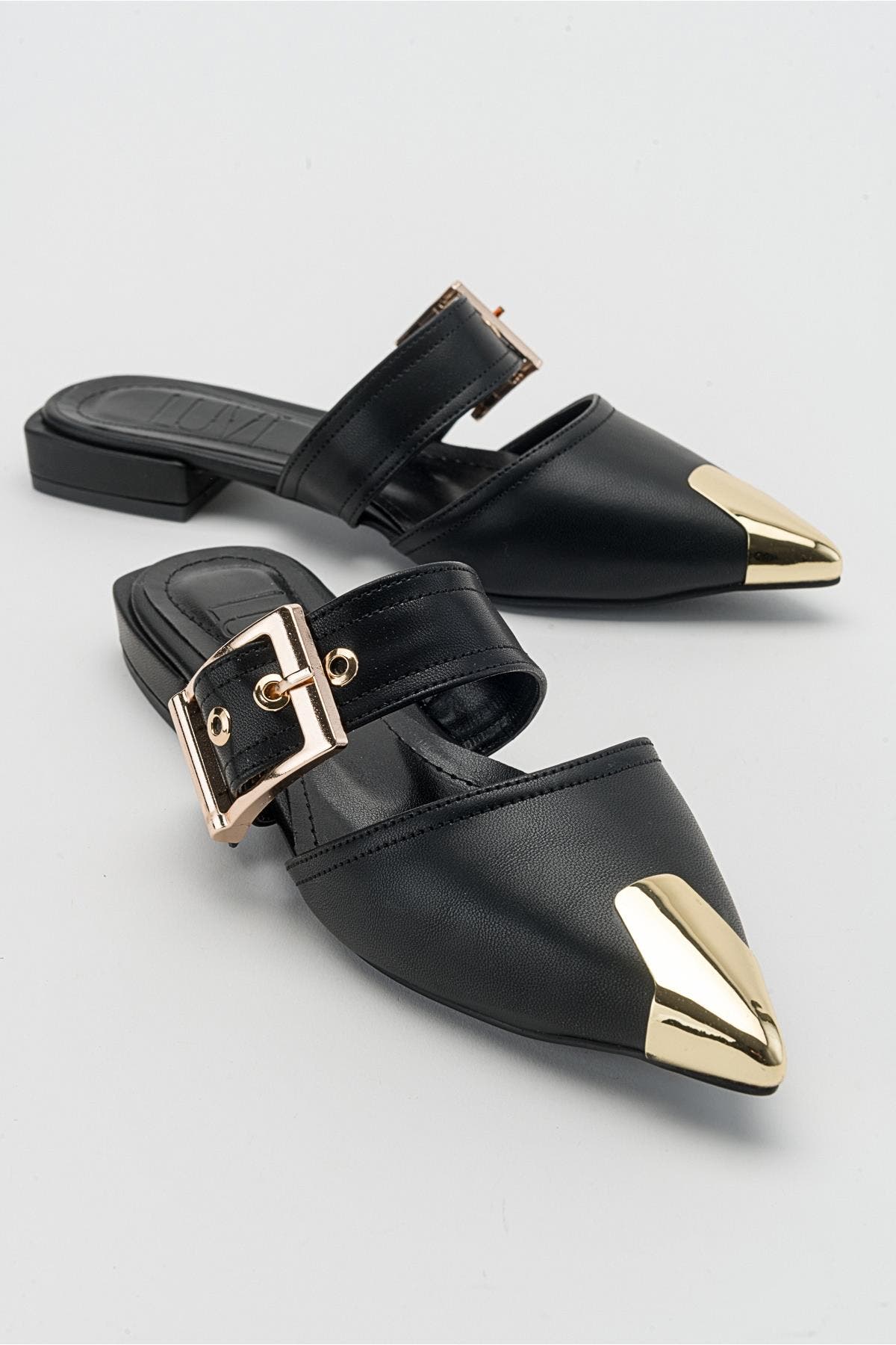 Prologue Shoes Jenni Buckled Slide, Main, color, Black Faux Leather