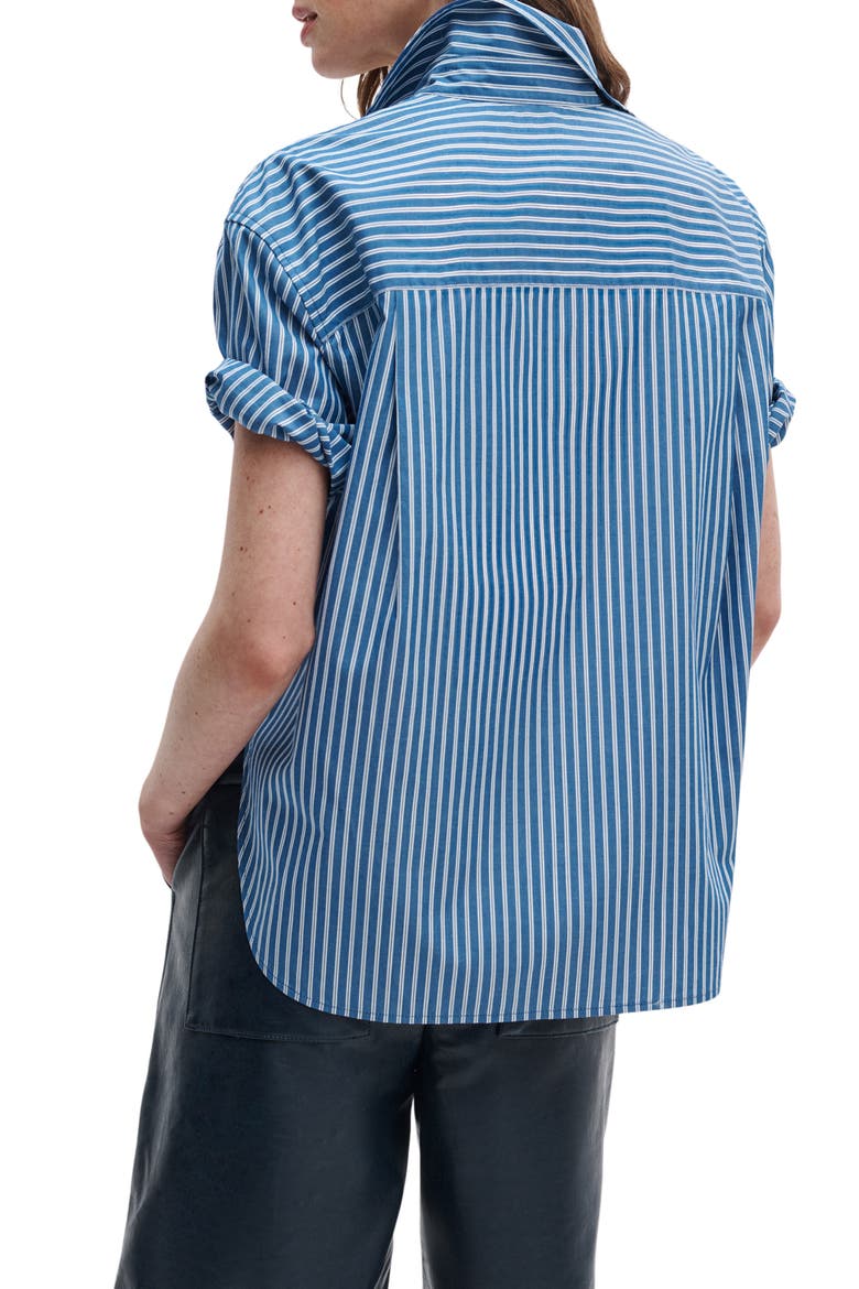 Connie Stripe Short Sleeve Poplin Button-Up Shirt, Alternate, color, BLUE STRIPE