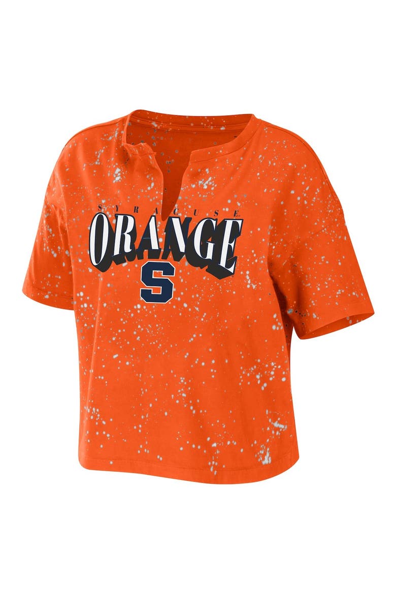 Women's WEAR by Erin Andrews Orange Syracuse Orange Bleach Wash Splatter Cropped Notch Neck T-Shirt, Alternate, color, Orange