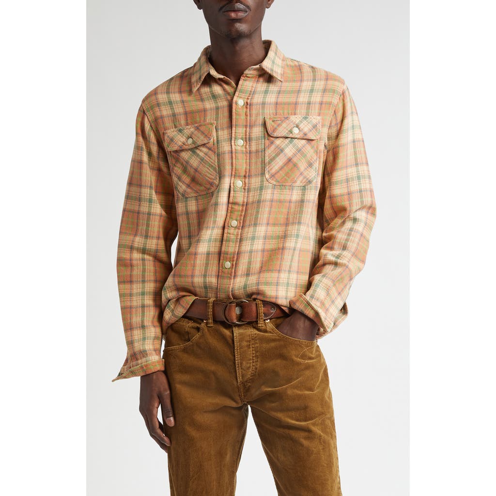 Double RL Plaid Cotton Twill Button-Up Work Shirt in Orange Multi