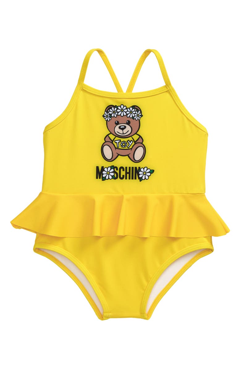 Moschino Daisy Toy Bear Print Ruffle Swimsuit, Main, color, 