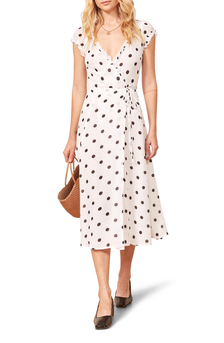 Reformation Gwenyth Polka Dot Wrap Dress, Main, color,