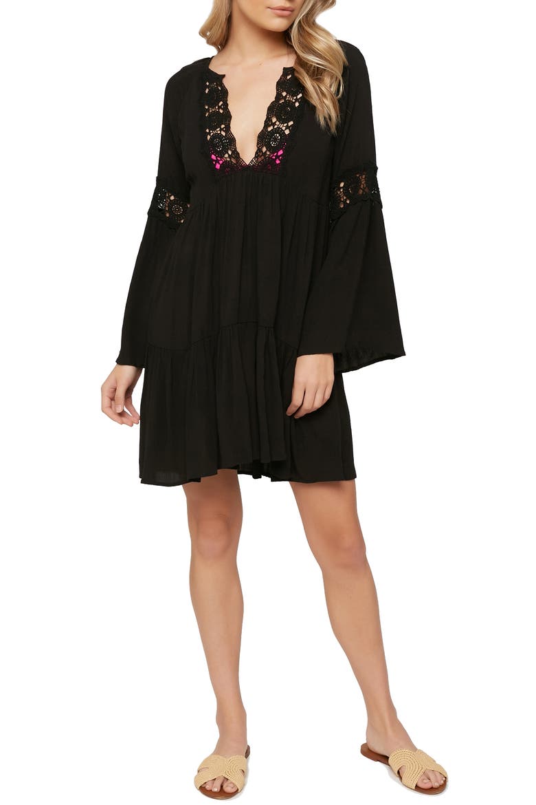 Saltwater Solids Long Sleeve Cover-Up Tunic Dress, Main, color, BLACK